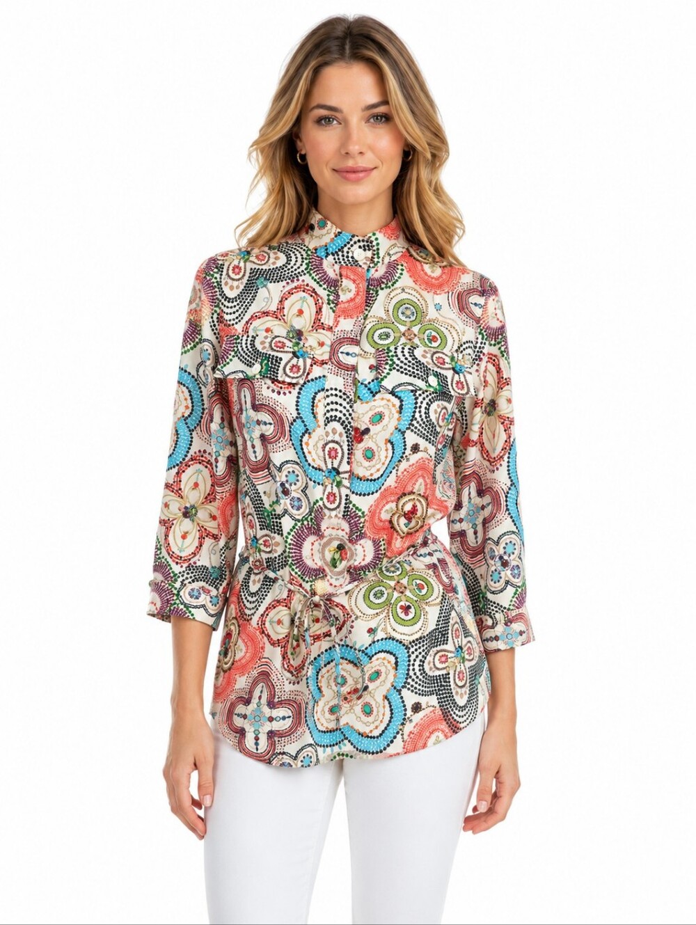 Etcetera Silk Cotton Printed Tie Waist Blouse Top Size 4